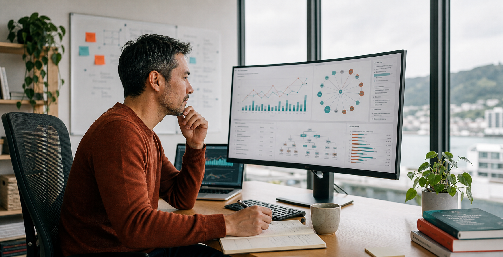 SEO strategist reviewing AI-assisted search analysis in a bright software studio