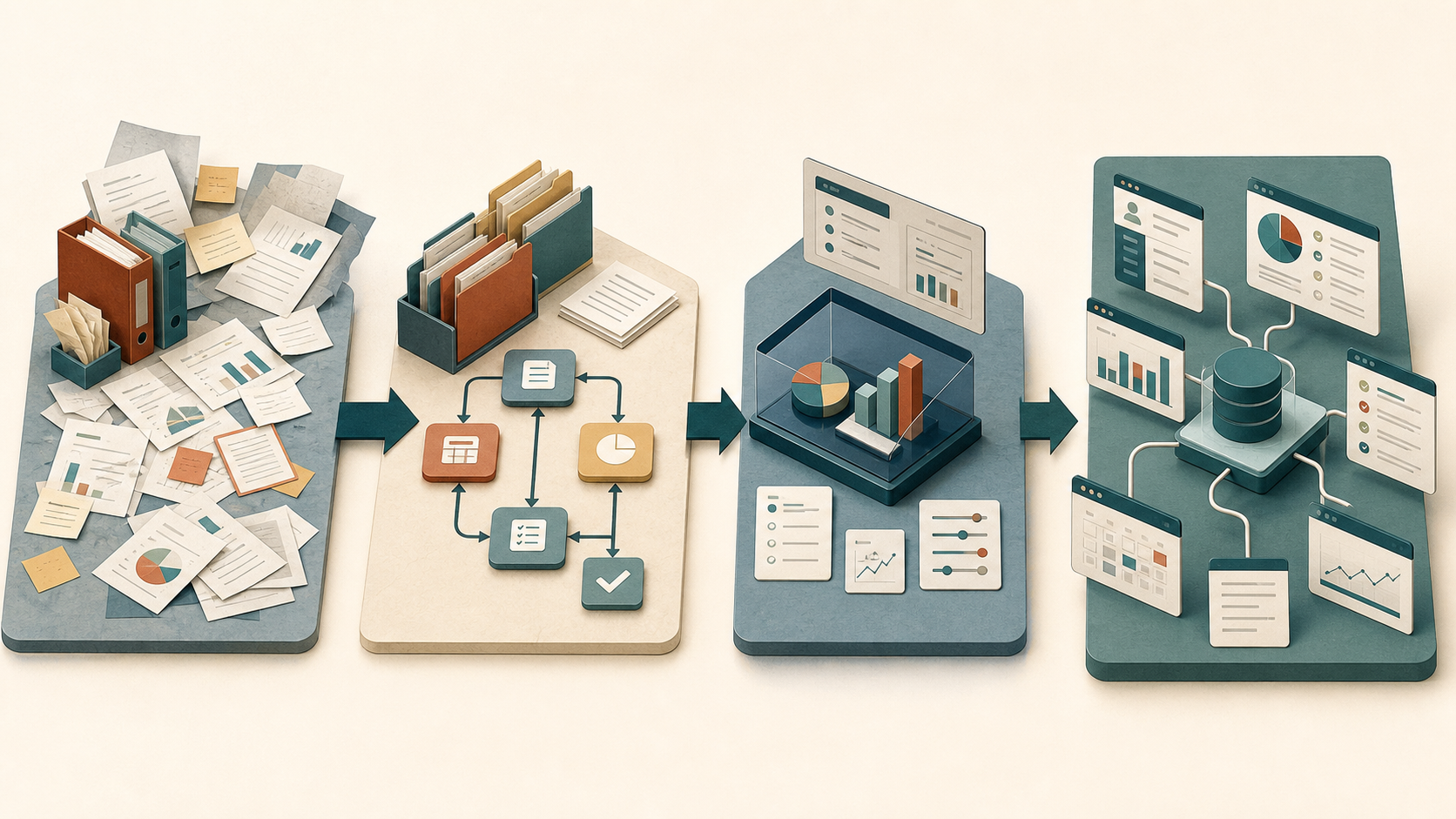 Four-stage pathway from scattered information to an integrated AI business system