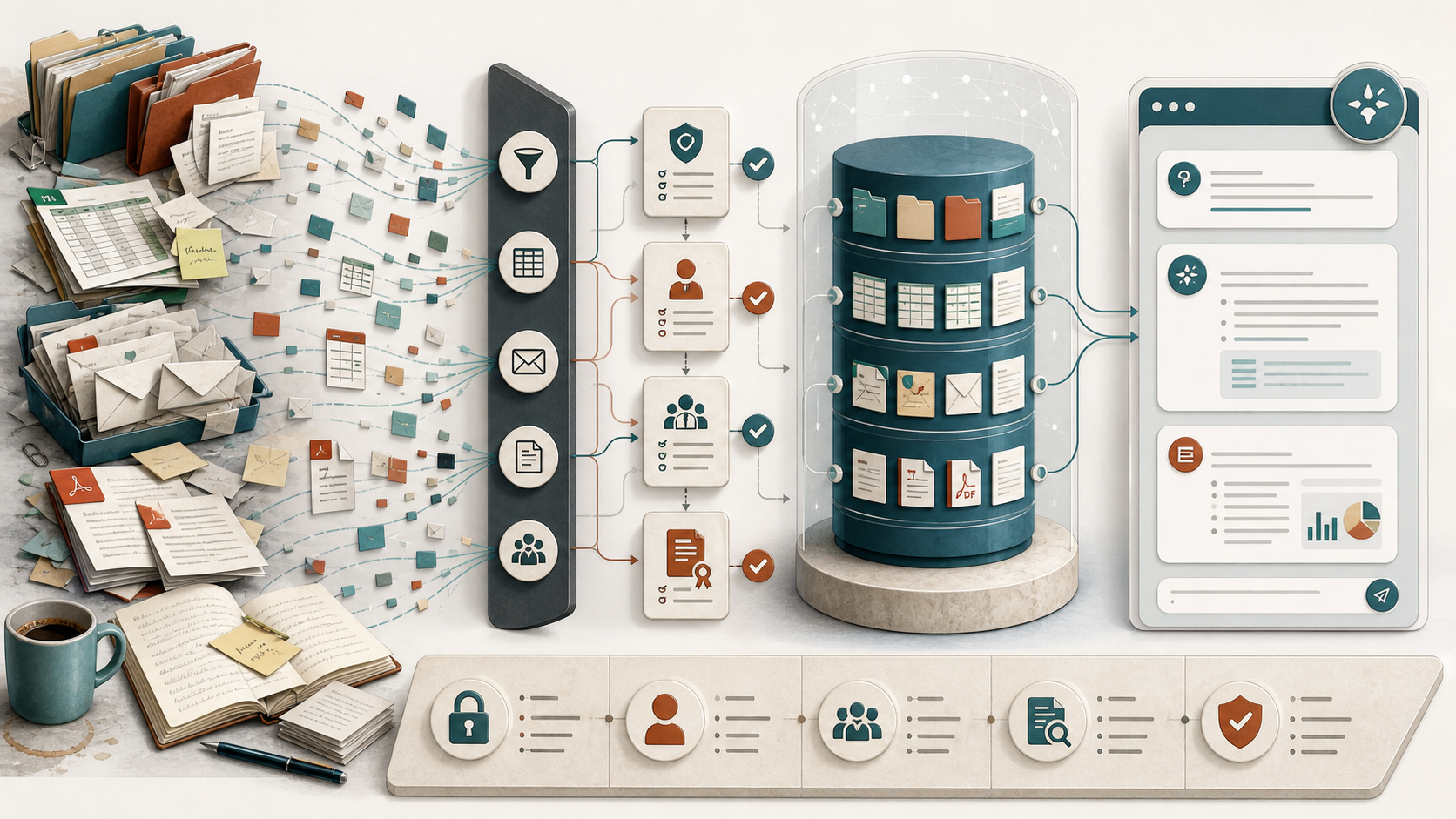 Disconnected documents and inboxes becoming a governed knowledge layer for a controlled AI assistant