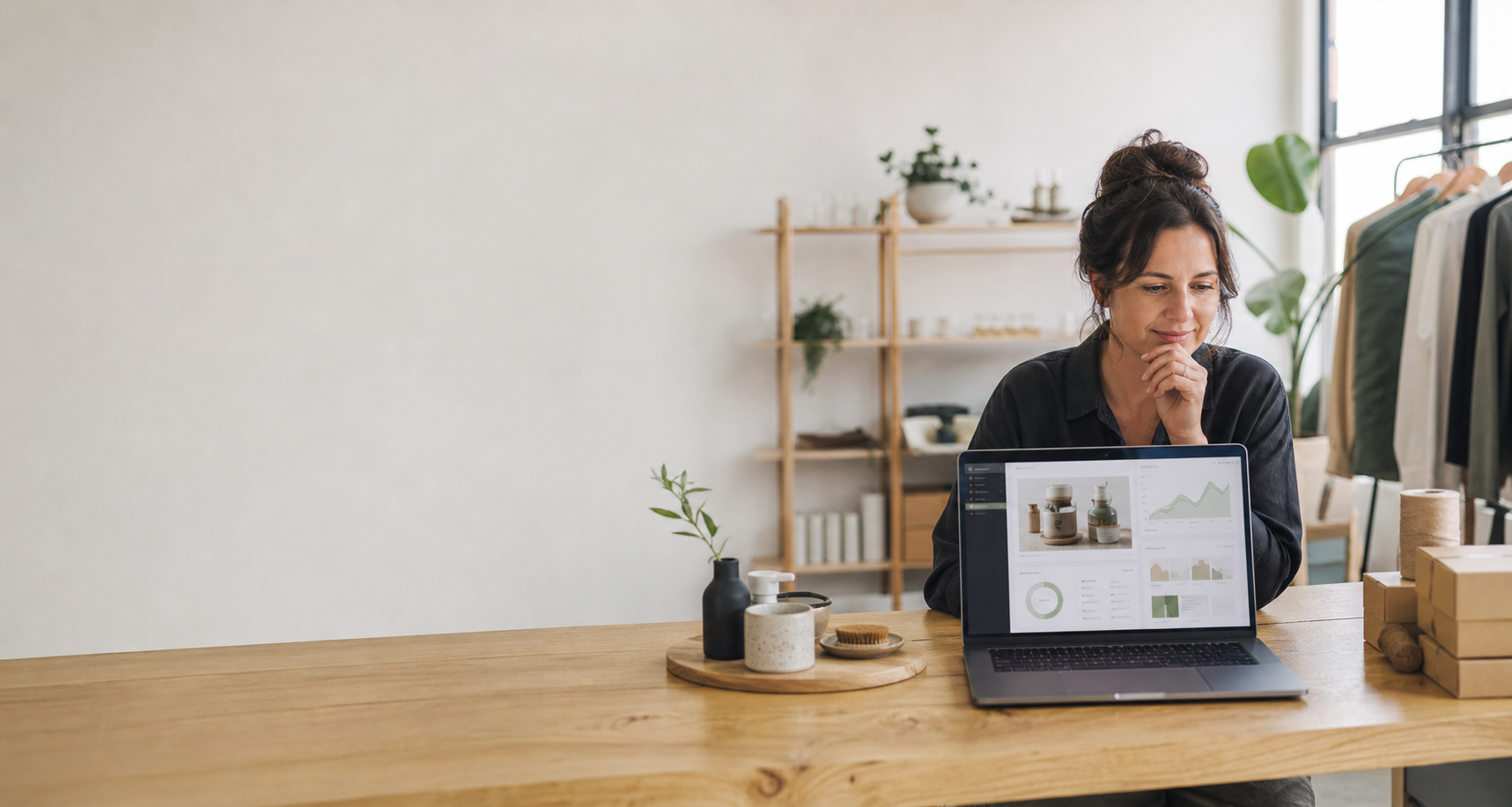 Small-business owner reviewing a custom ecommerce website and dashboard