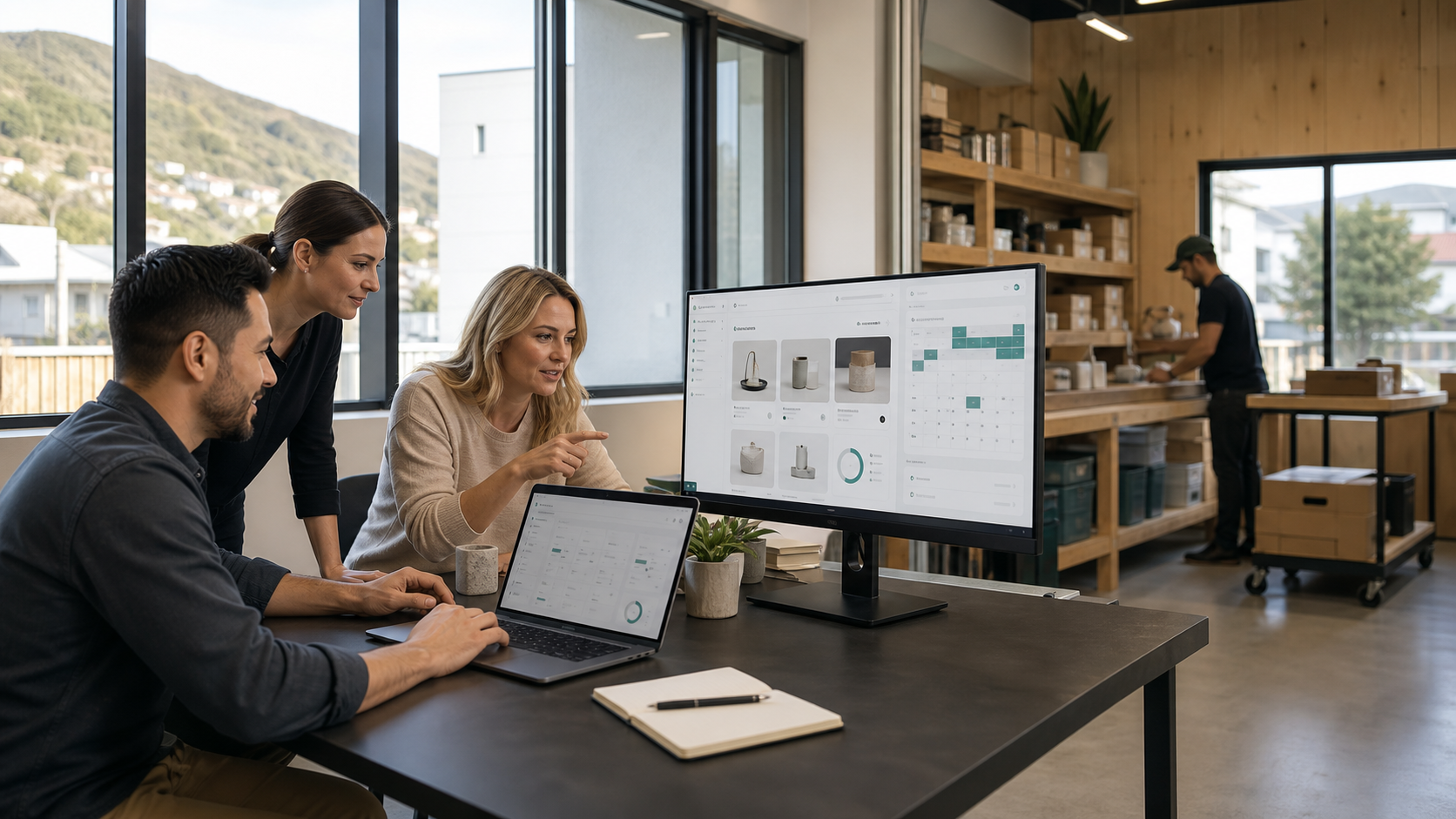 Medium-business team coordinating ecommerce and bookings through a custom website platform
