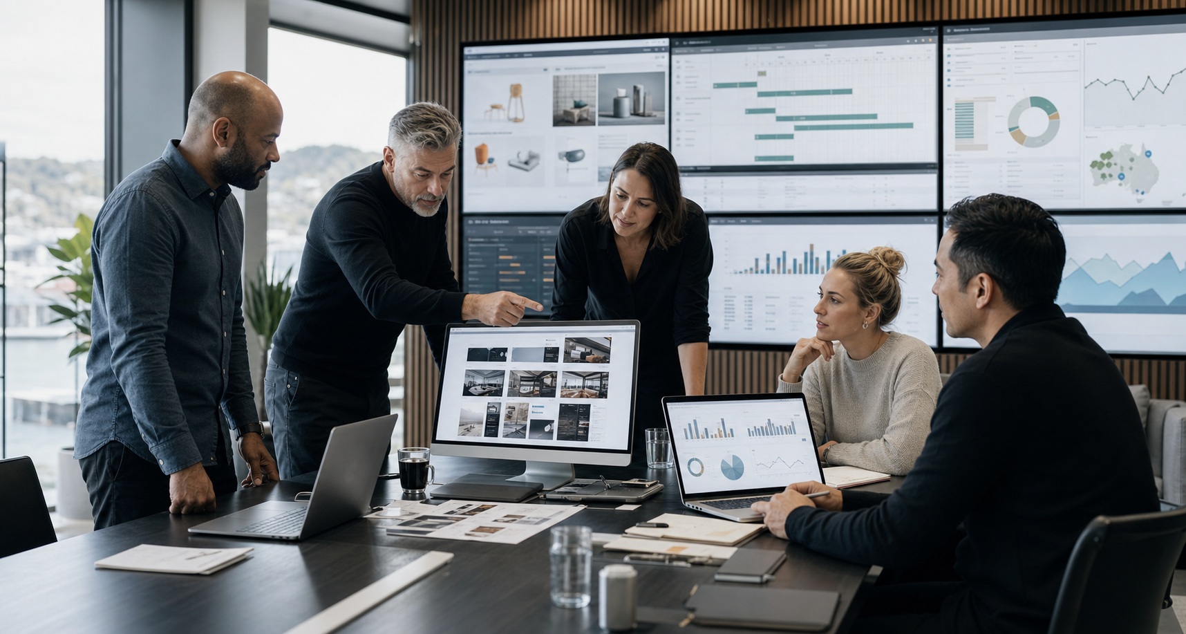 Large-business team planning a custom web platform with operational dashboards